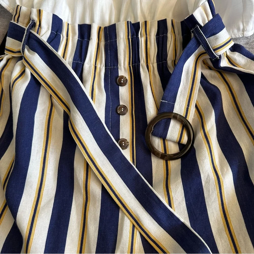 E & M White Blue and Mustard Striped Belted Overall Jumpsuit Women's Size L - Picture 11 of 14